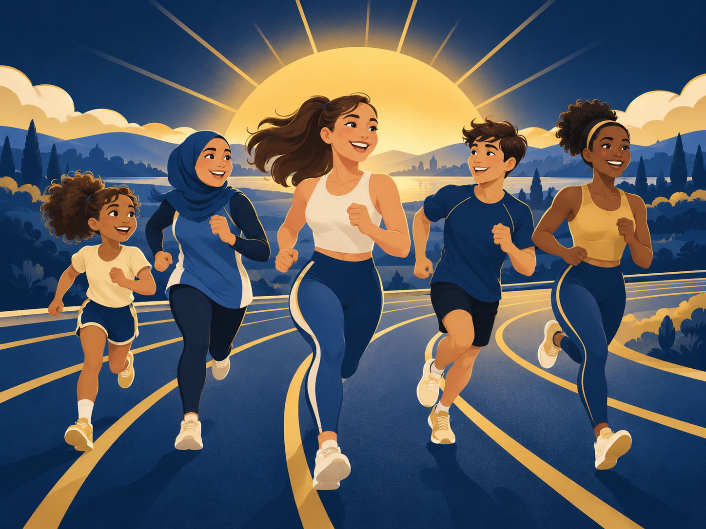 Cartoon women, teens and a young man running together on a golden track at sunrise