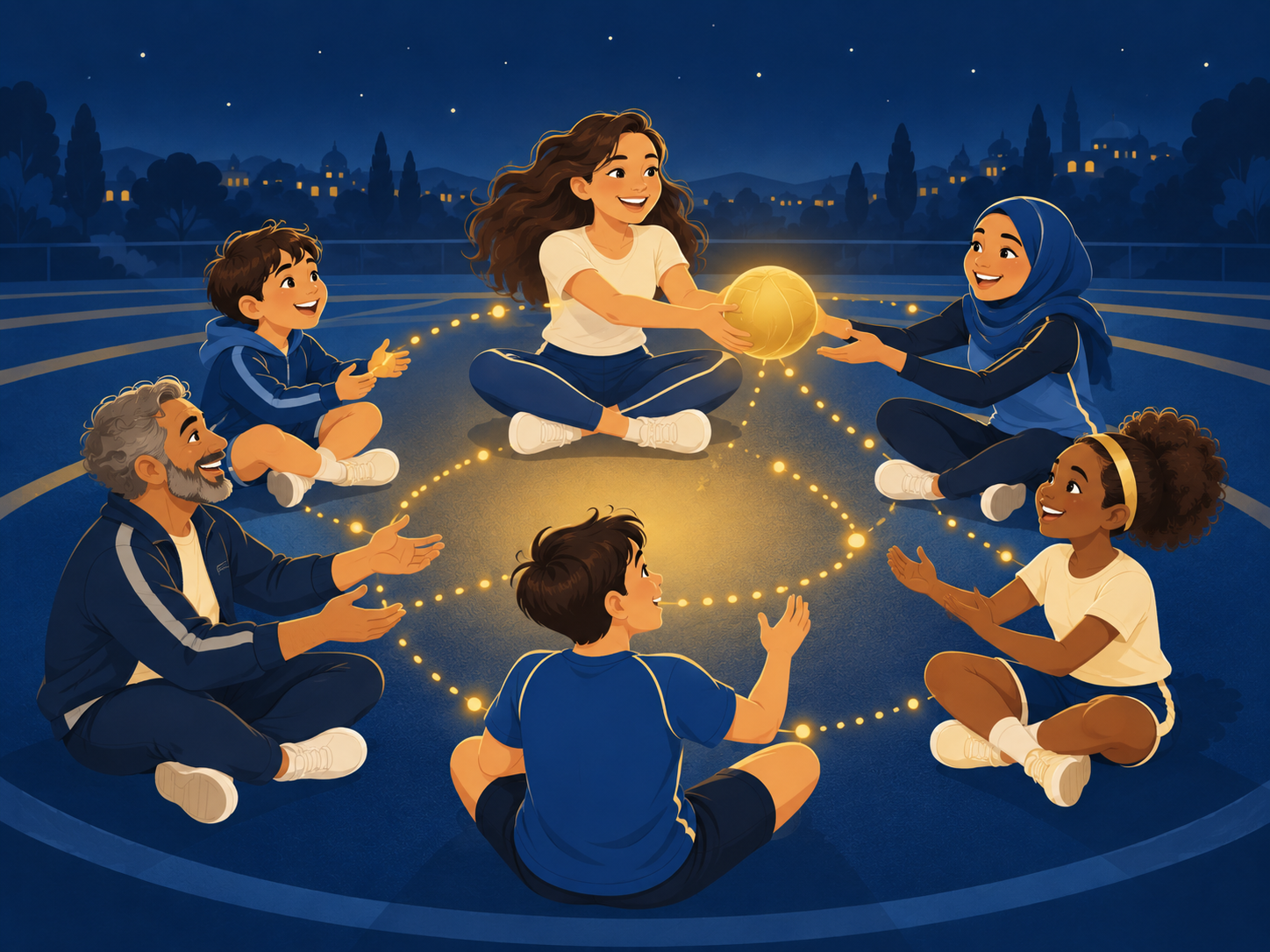 Cartoon people of different ages sitting in a circle on a sports field, passing a ball to each other