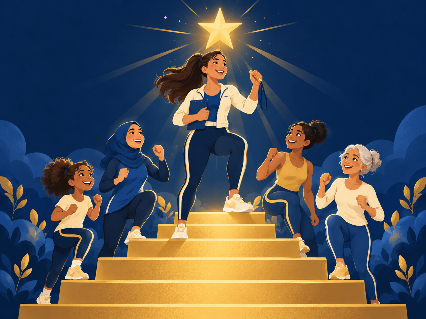 Cartoon woman coach holding a whistle on golden steps while other women cheer and follow her up