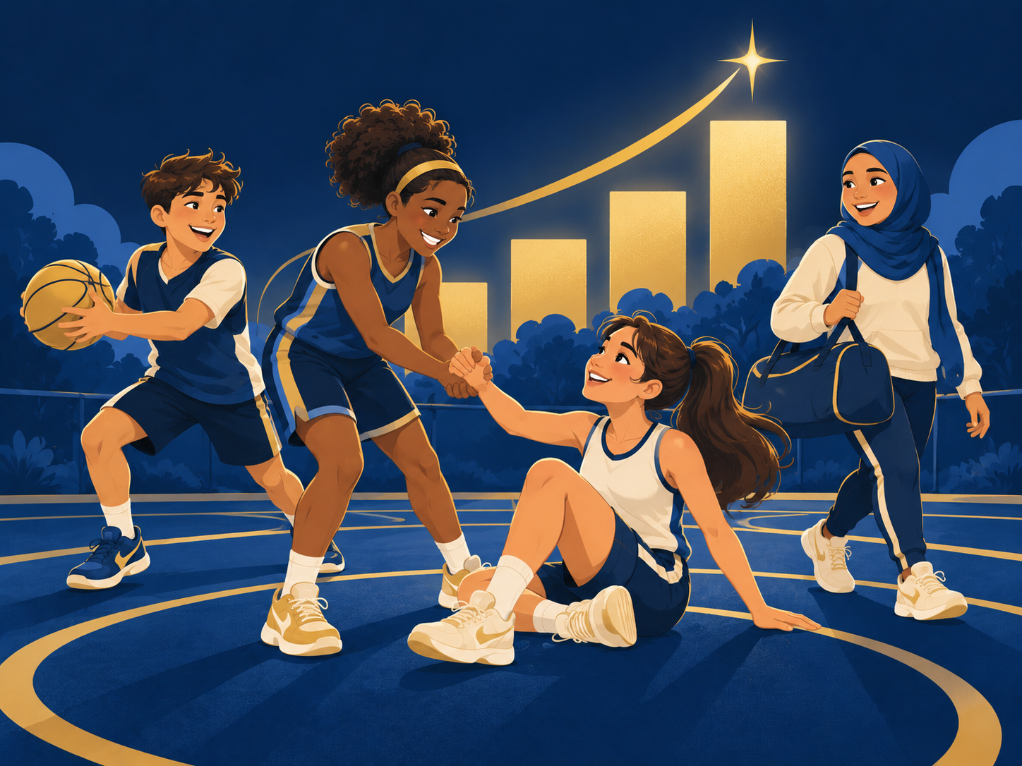 Cartoon teenagers on a mini sports court passing a ball and helping each other, with rising golden bars behind them