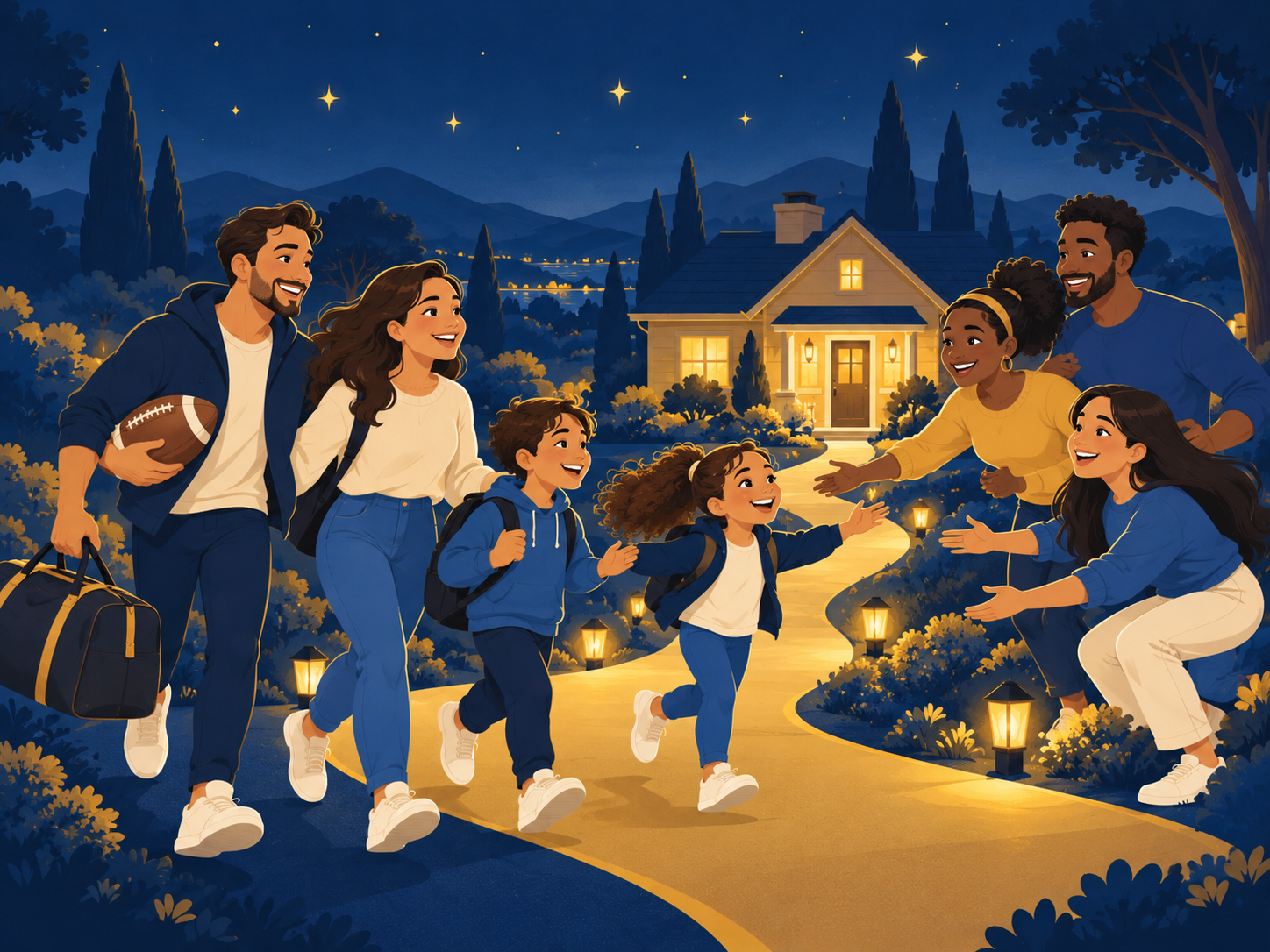 Cartoon family and new friends walking a golden path toward a warmly lit house, welcomed with open arms
