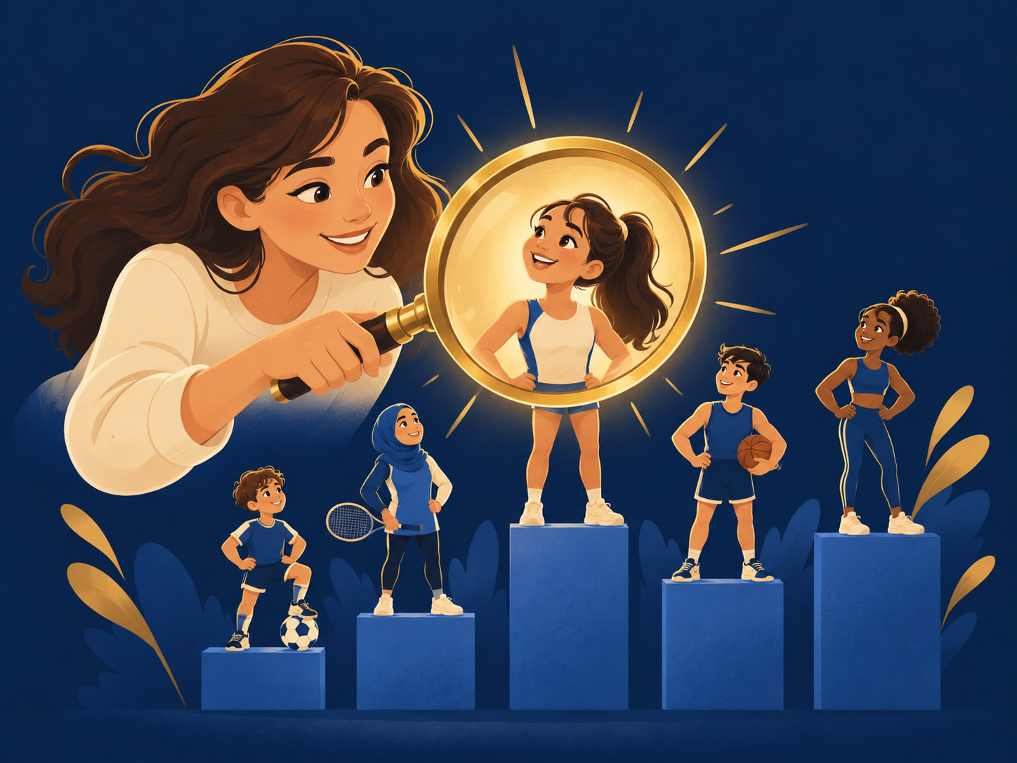 Cartoon person holding a golden magnifying glass over tiny athletes standing on a blue bar chart