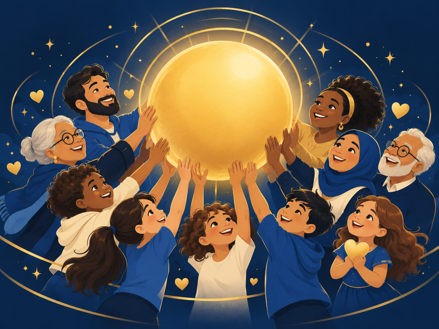 Cartoon crowd of all ages lifting a big golden ball together, surrounded by glowing rings